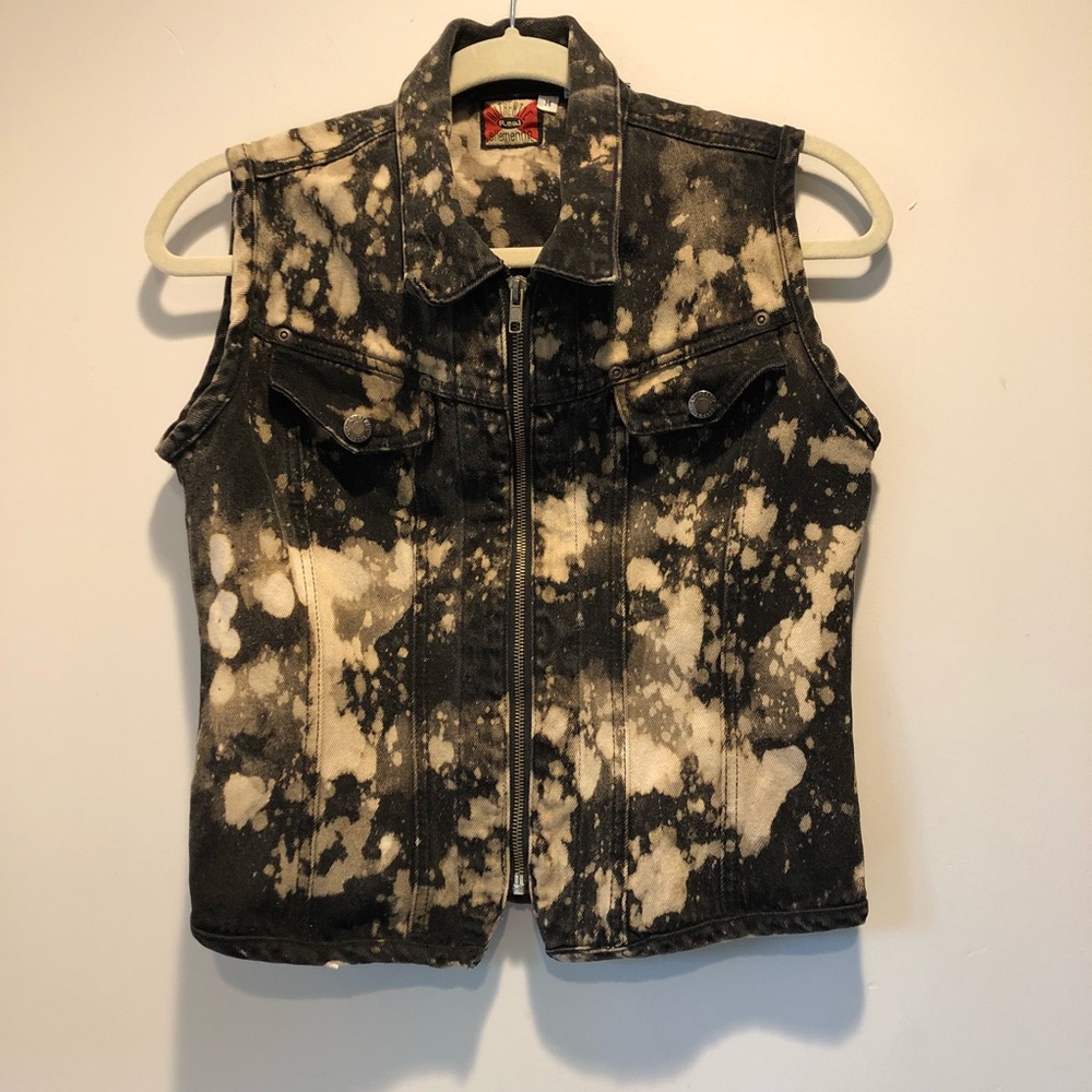 Black and cream acid wash jeans zip up vest